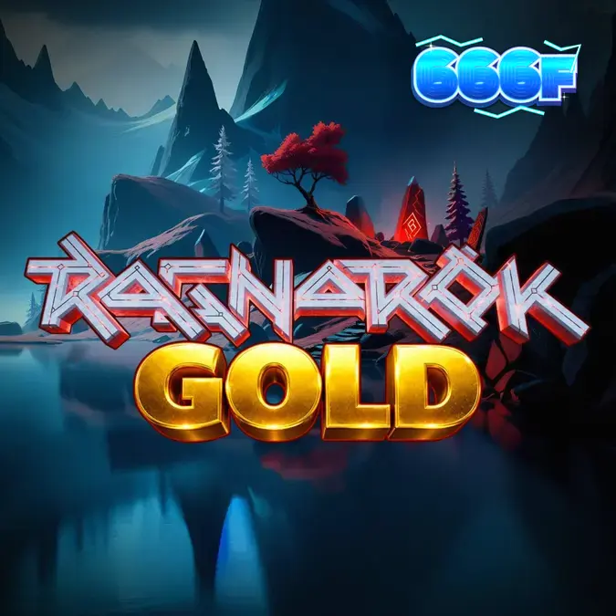 Tampilan layar permainan slot Ragnarok Gold dengan tema mitologi Nordik apokaliptik, menampilkan gulungan 5x5 dan simbol-simbol dewa serta makhluk mitos di tengah lanskap vulkanik.
